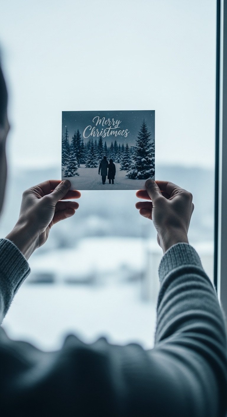 Hands in a cozy sweater hold a Christmas card up to a window looking out onto a peaceful, snowy winter landscape.