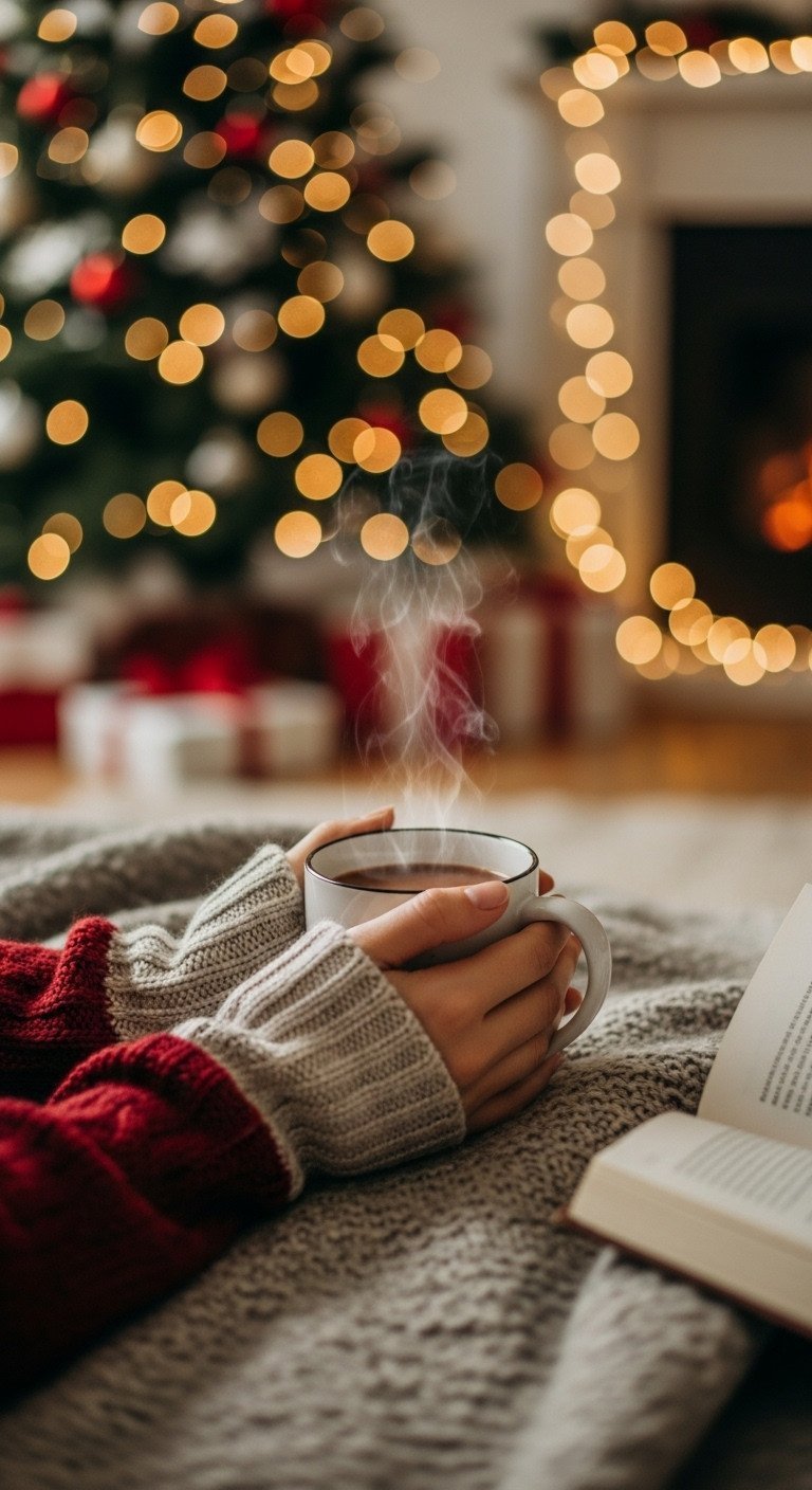Hands in a knit sweater hold a warm ceramic mug of steaming hot chocolate by a softly blurred Christmas tree.