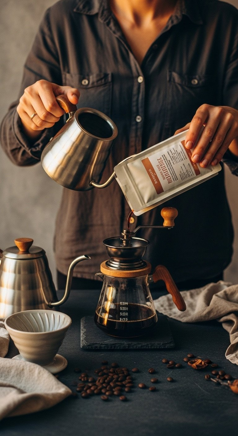 Hands pouring artisanal coffee beans from a bag into a grinder, with a pour-over cone and kettle on a slate surface.