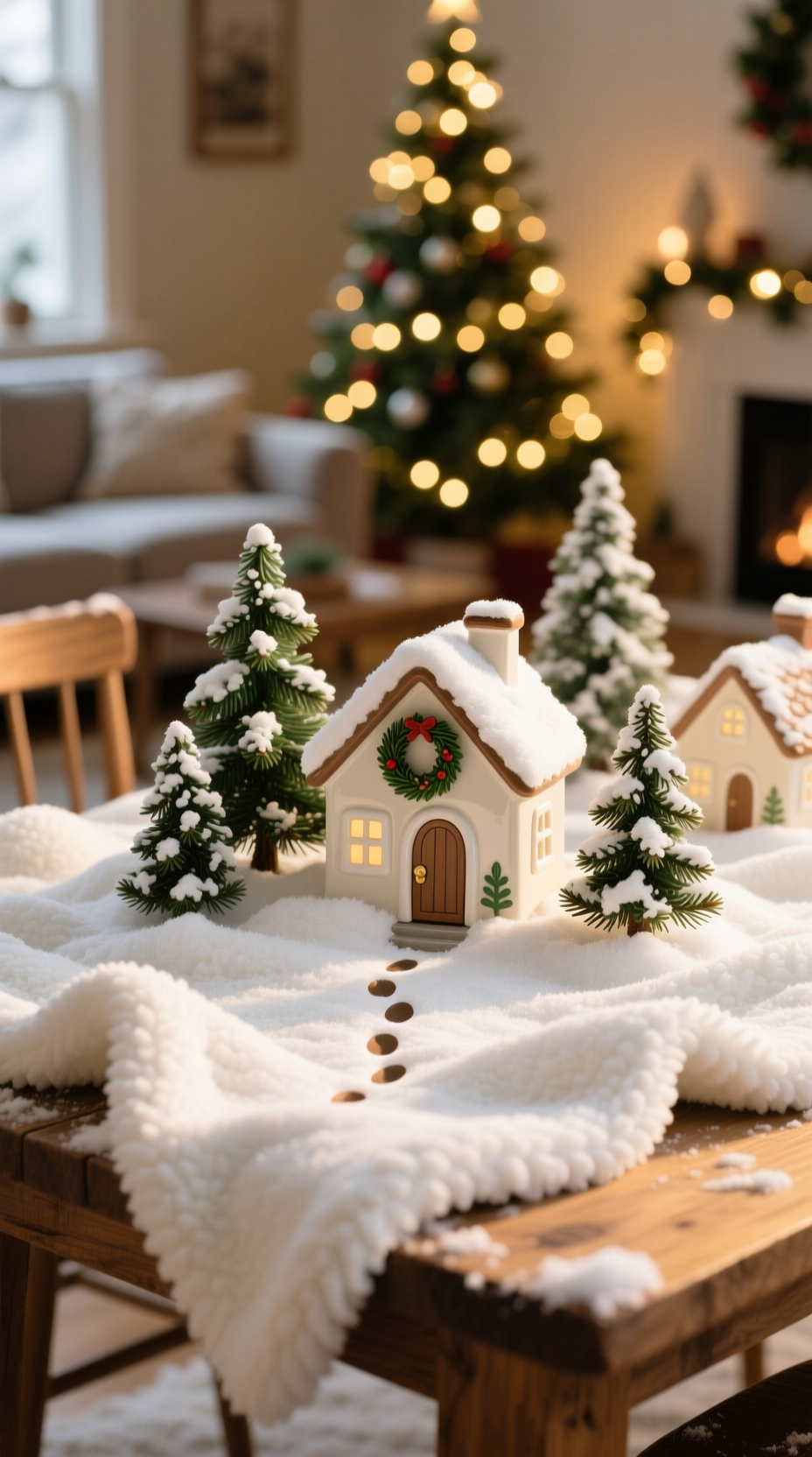 Hands sculpting a tiny snowman from a moldable, fluffy DIY snow mixture made of shaving cream and cornstarch on a mat.