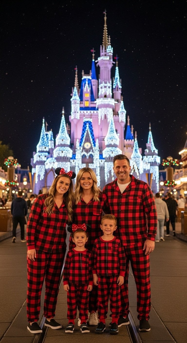 Happy family in matching red plaid Christmas pajamas posing in front of Cinderella Castle lit up with festive lights at night.