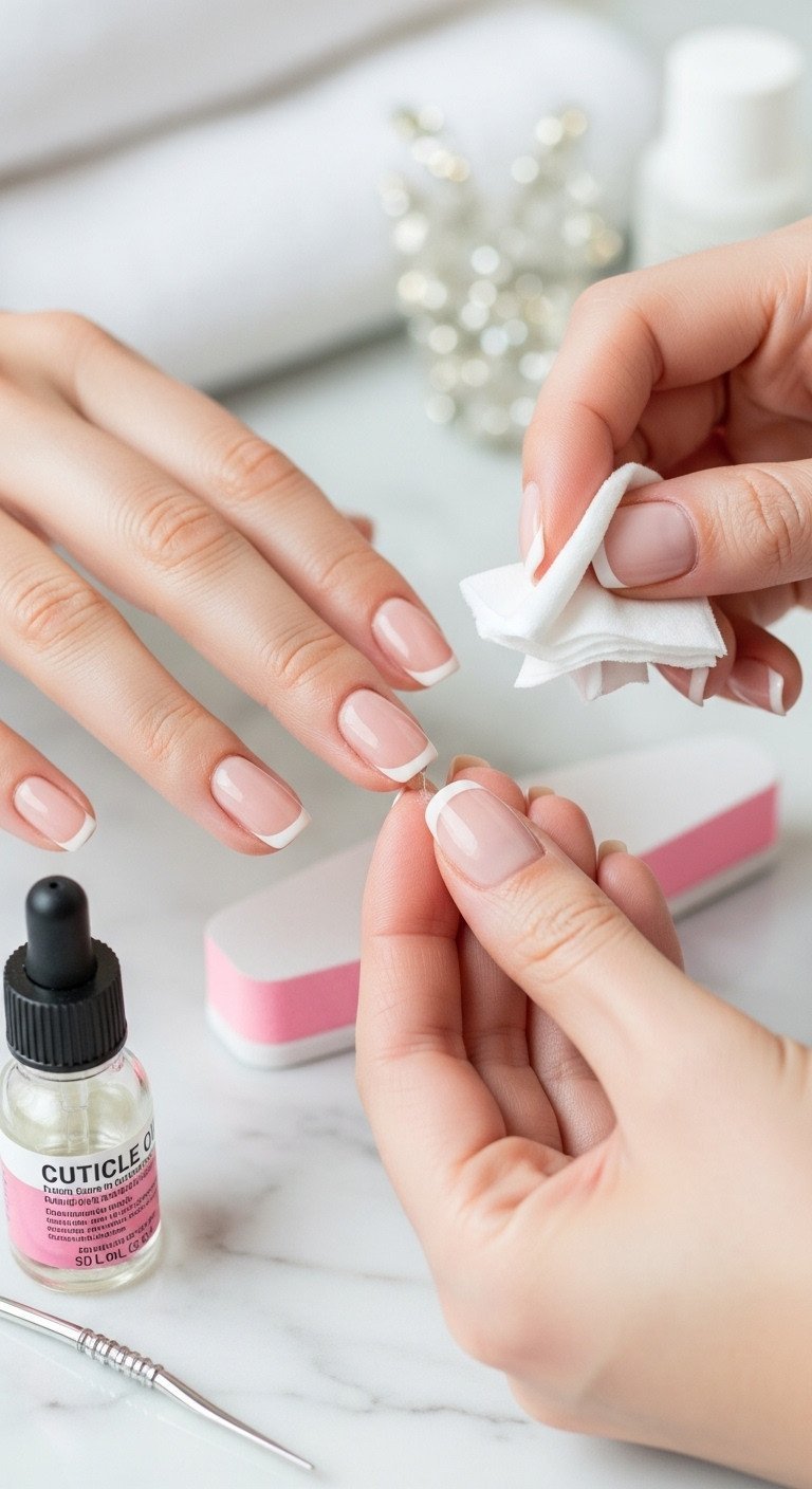 Healthy nails prepped for holiday manicure, clean cuticles, buffed nail plate on marble. Wiped with alcohol for base coat.