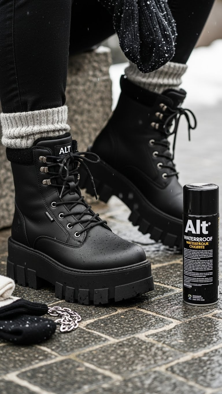 Heavy matte black platform alt winter boots with chunky tread and thermal lining, on damp cobblestone with snow.