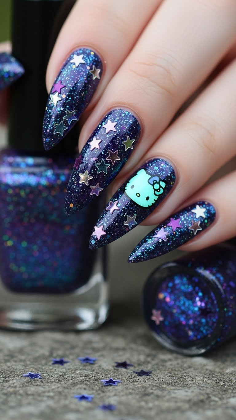 Hello Kitty galaxy Valentine nails: purple, black, glitter, star charms, glow-in-dark face, cosmic, vibrant pointed shape.