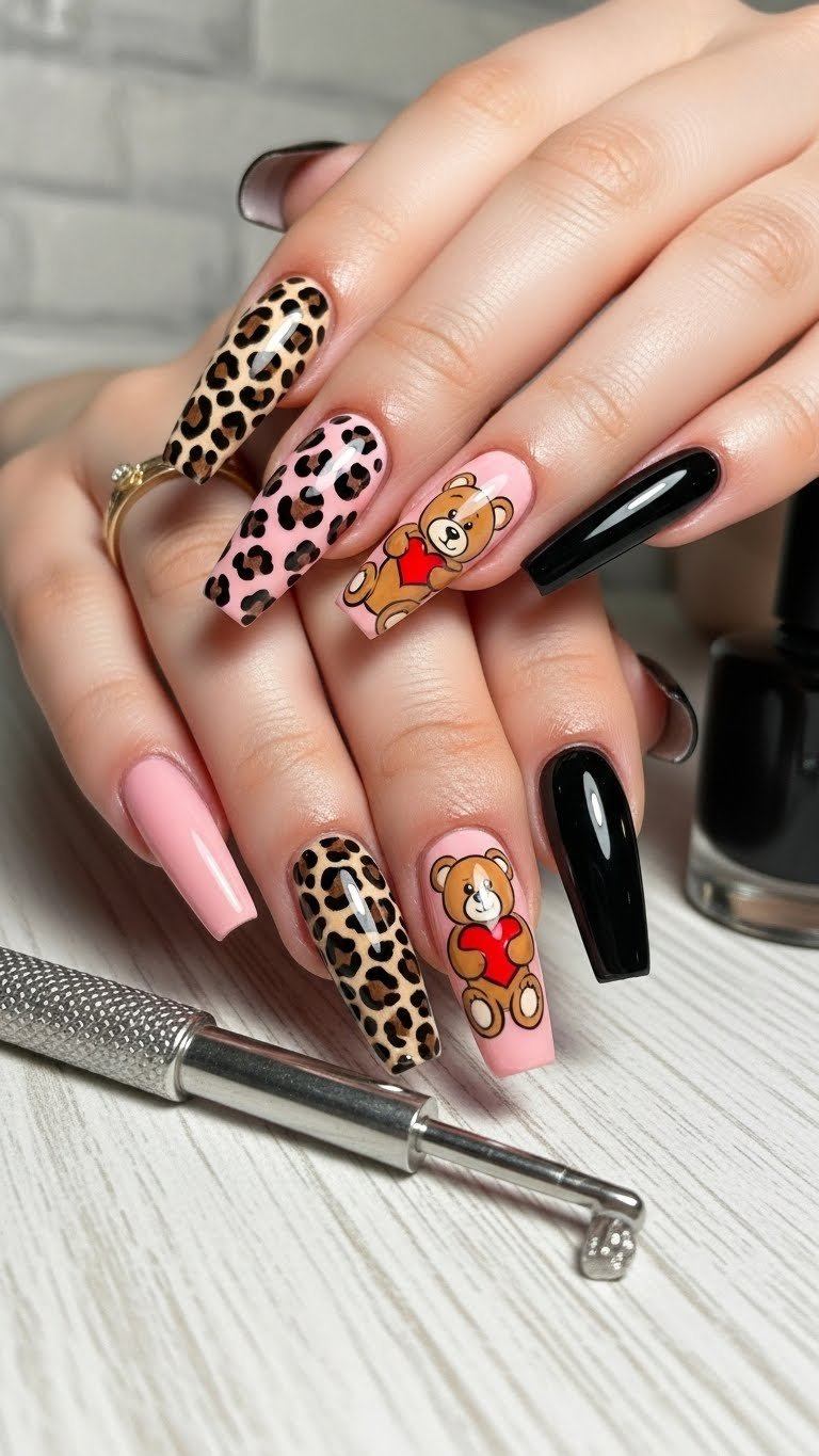 High-fashion coffin acrylic nails featuring bold leopard print and a cute hand-painted teddy bear holding a red heart.