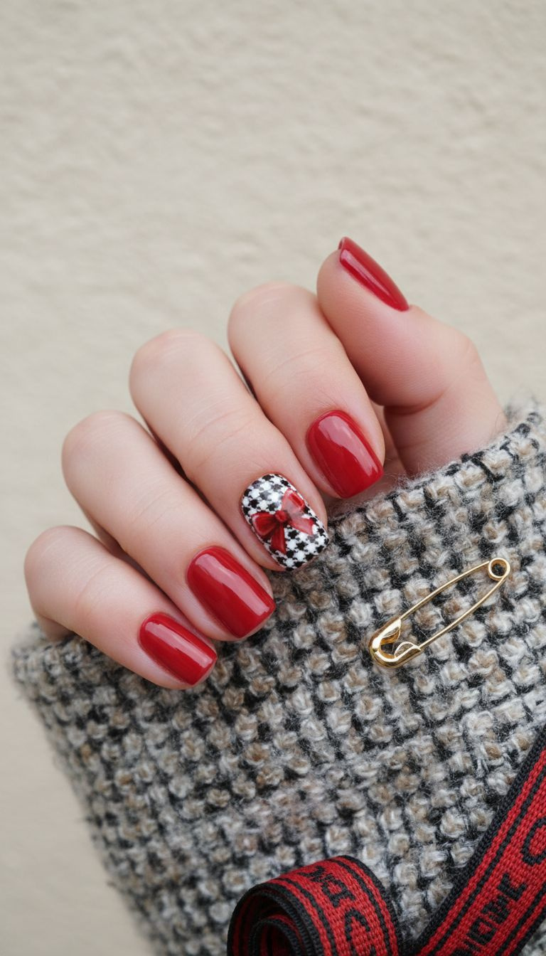 High-fashion holiday nail art: red bow over black & white houndstooth accent nail, classic red polish, gold safety pin.