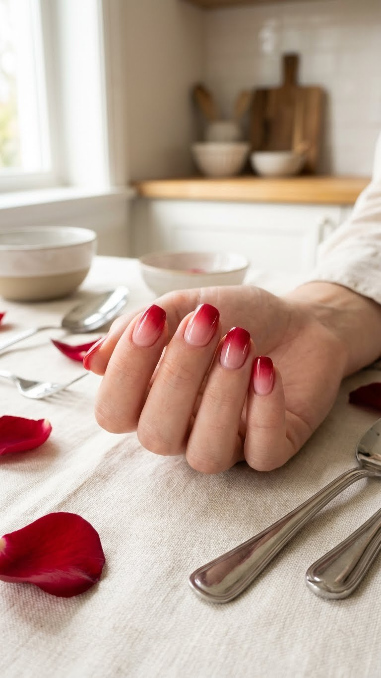 High-gloss classic pink-to-red gradient ombre nails with perfect blend. Eye-level view on linen with rose petals, subtle kitchen background.