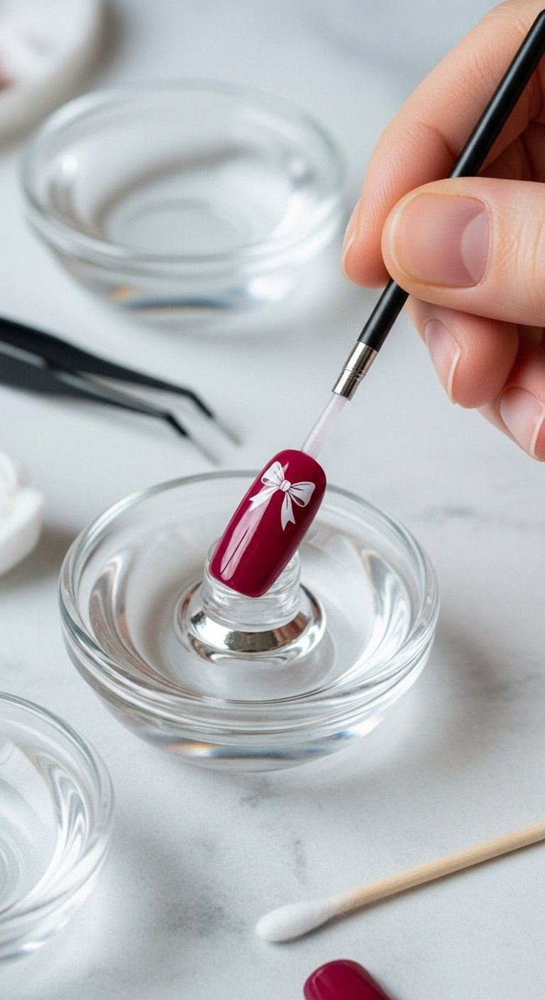 High-gloss maroon nail with a white water-slide bow decal being applied, showcasing seamless nail art.