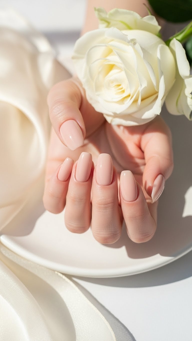 High-gloss nude structured gel manicure on oval nails, showcasing perfect apex and shine, with a white rose.