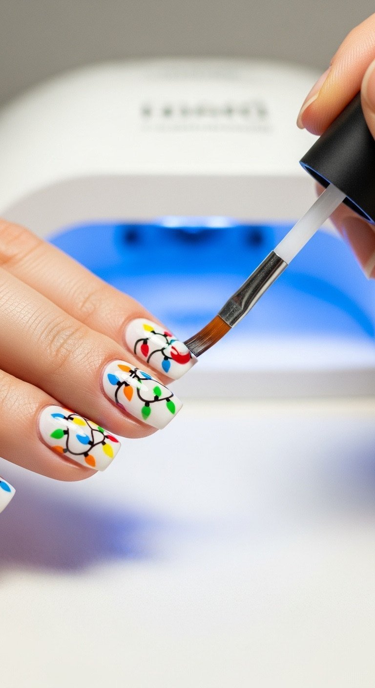 High-gloss top coat applied over Christmas lights nail art, brush capping tip. Flawless, shiny finish, UV lamp glow.
