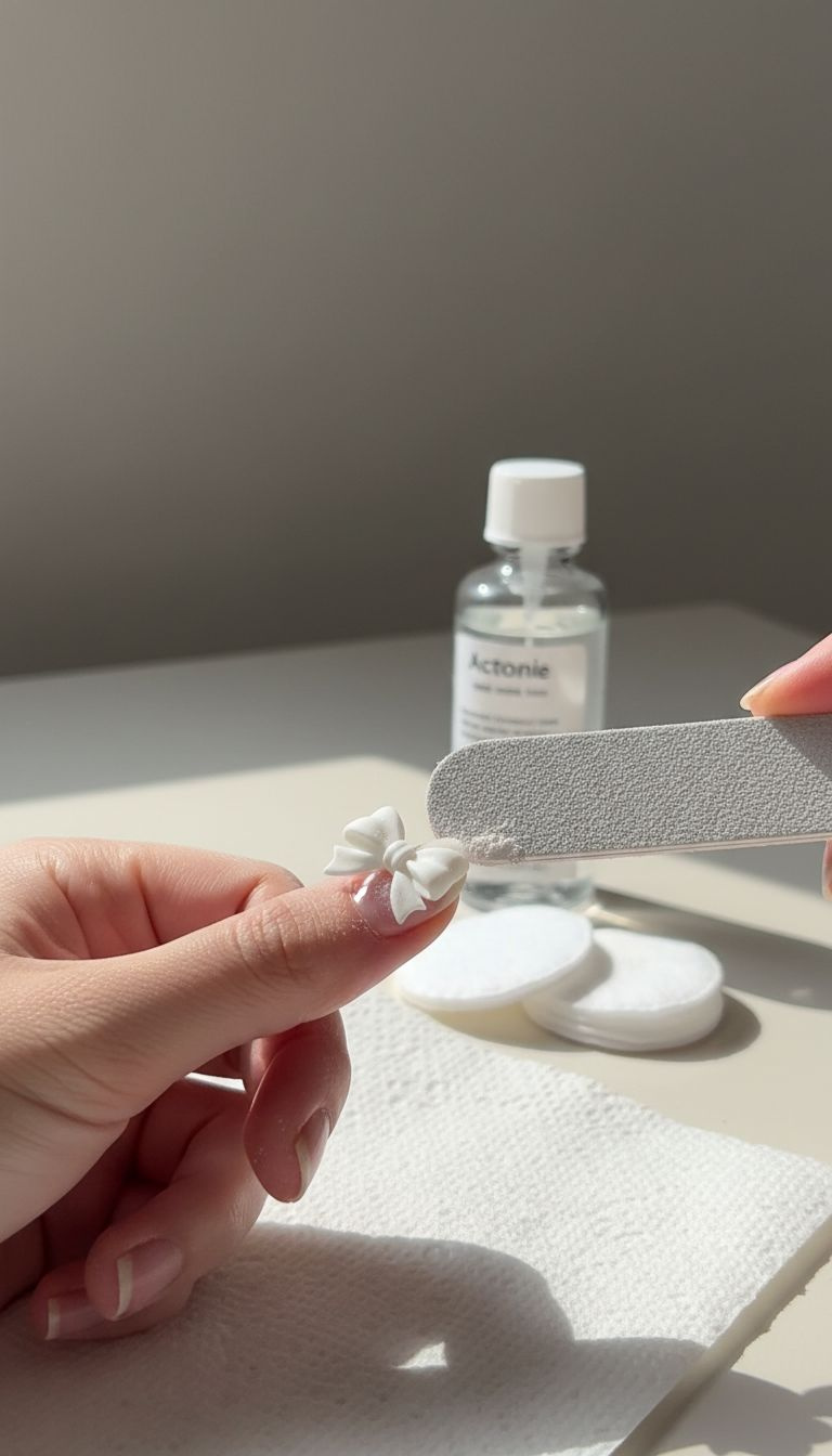 High-grit nail file gently removing a cured 3D bow from a nail, showing safe and effective gel nail art removal process.