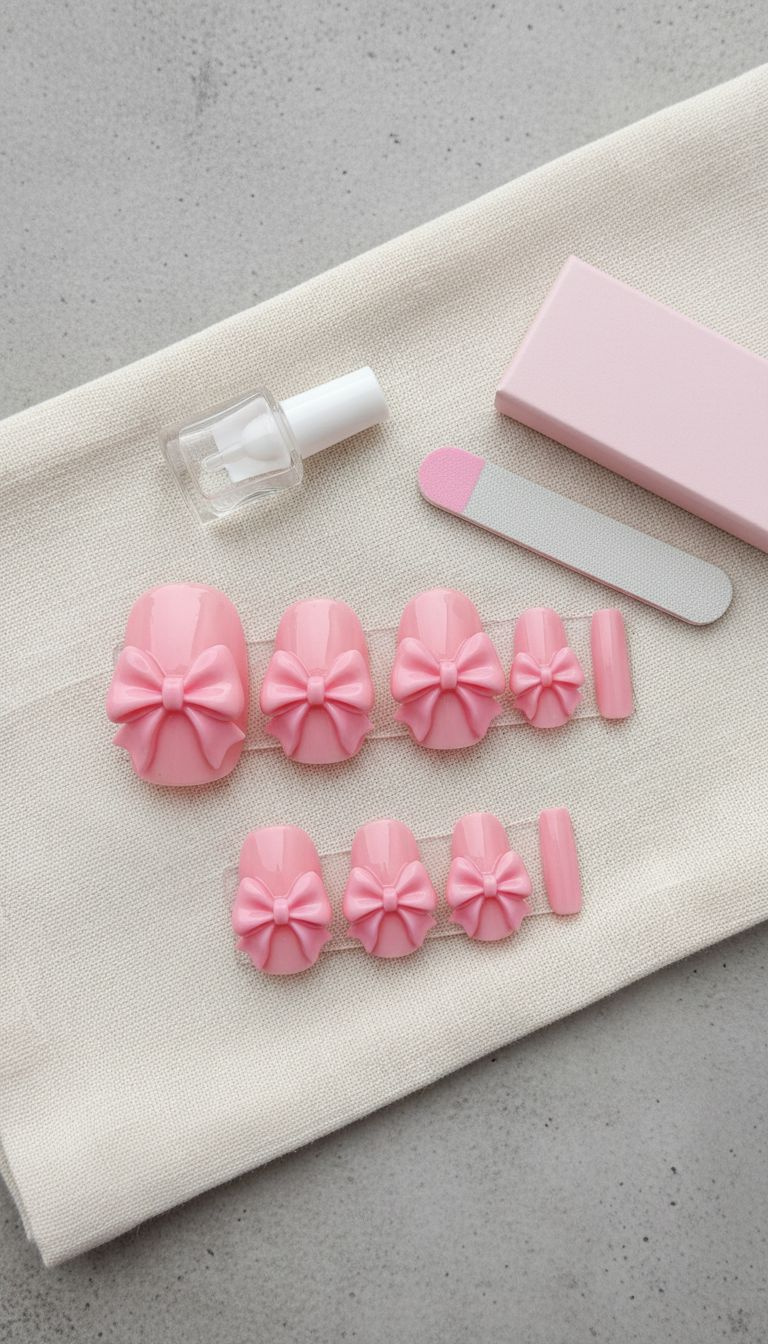 High-impact pink press-on nails with large intricate 3D bows, oval shape, displayed in kit with glue and file.
