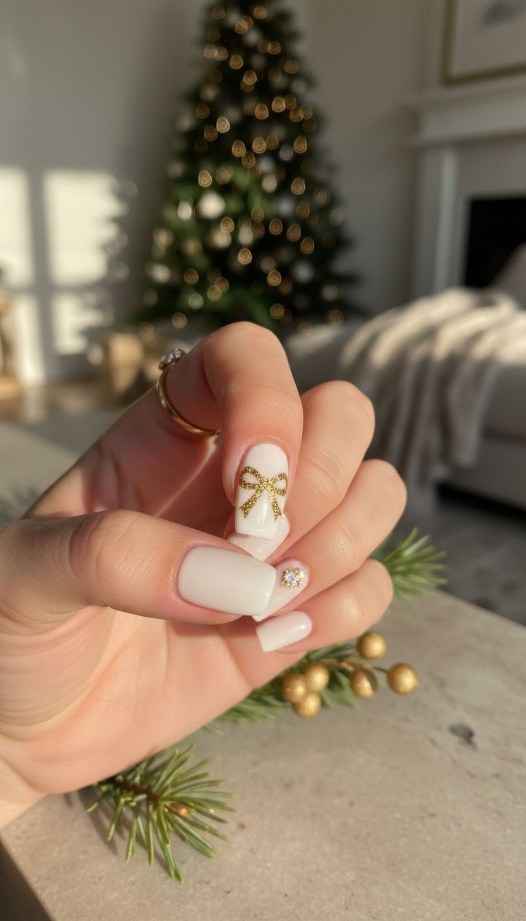 High-shine glitter nail art: gold glitter bow outline on cream base, square-oval nails, festive holiday living room.