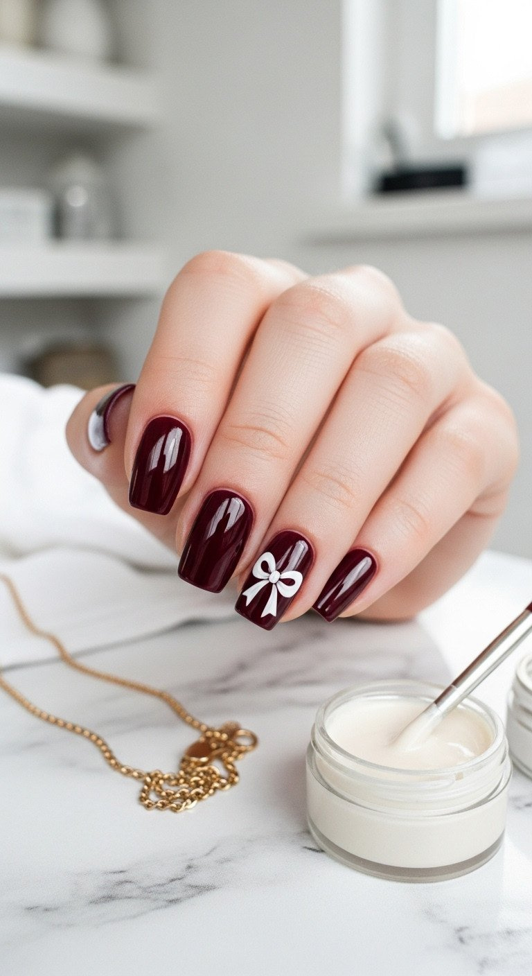 High-shine glossy burgundy nails featuring a hand-painted white bow accent, on marble with a gold necklace.