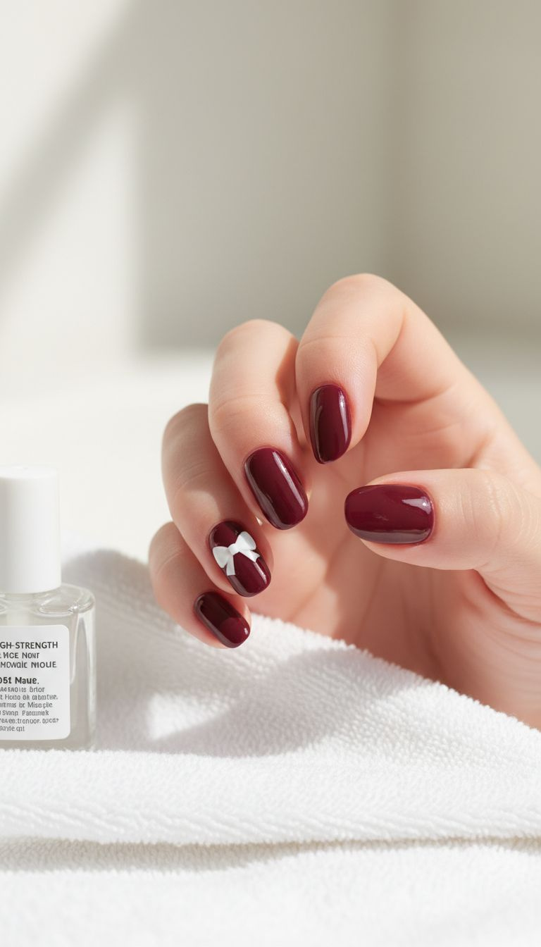 High-shine glossy burgundy oval press-on nails, flat white bow decals on ring finger, bright daylight.