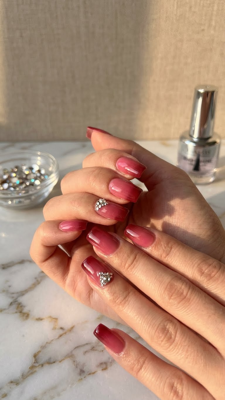 High-shine glossy pink-to-red gel ombre square-tip nails with rhinestone clusters. Elegant on marble, with top coat bottle.