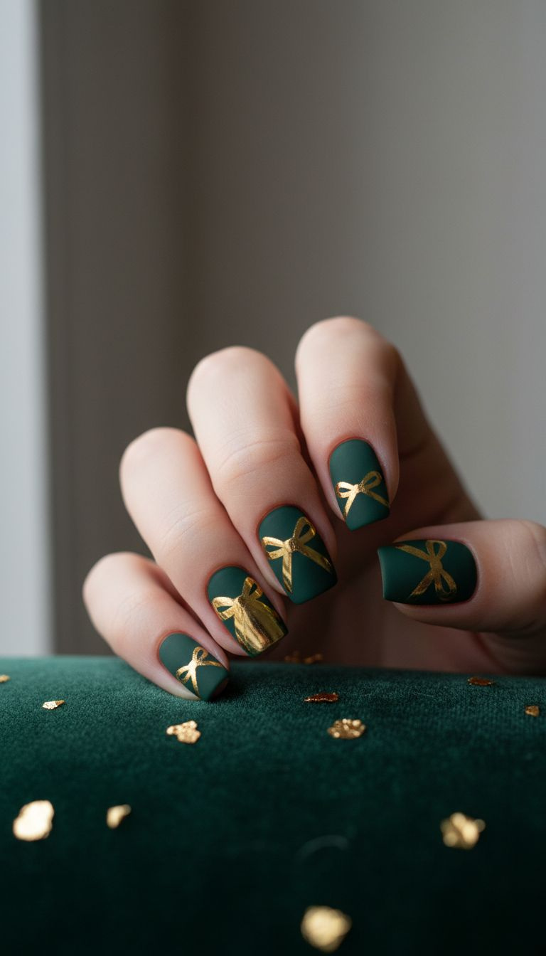 High-shine holiday nail art: gold chrome ribbon bows on dark matte green base, metallic finish, elegant and festive.