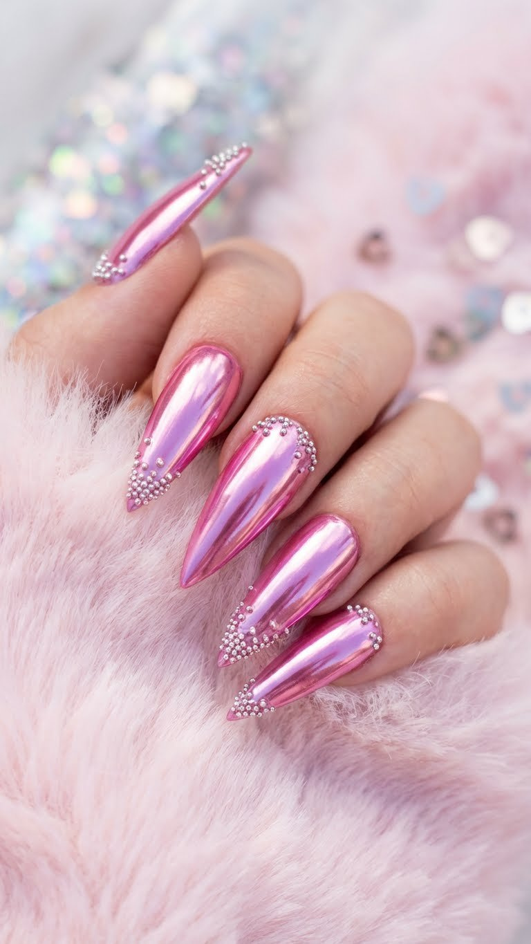 High-shine vibrant pink chrome stiletto nails featuring delicate silver micro balls. Trendy Y2K manicure on fluffy pink with metallic details.
