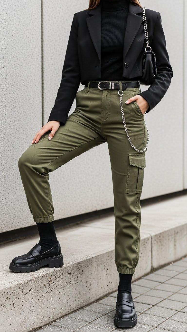 High-waisted khaki green cargo pants, black mock turtleneck, cropped jacket, silver chain belt, urban style.