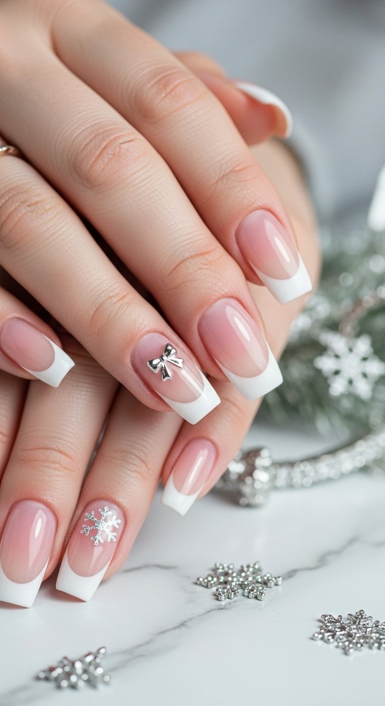Holiday French tips with micro silver bow accents on square nails. Sheer pink base, white tip, marble, silver jewelry, snowflake.