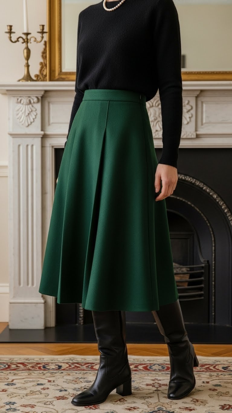 Hunter green wool midi skirt, black cashmere sweater, knee-high leather boots, and pearl necklace; elegant winter style.