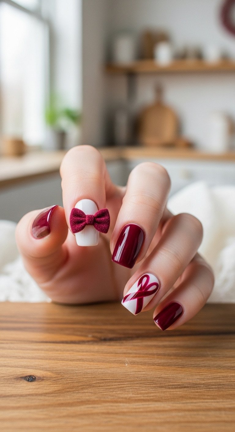 Hyperrealistic deep burgundy velvet bow tie nail design, fuzzy texture on polished nail, rustic wood, white lace.