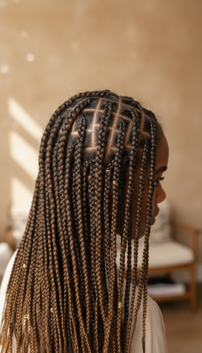 Hyperrealistic knotless box braids, waist-length, on natural hair with gold cuffs. Shows tension-free, scalp-friendly style in rich brown.