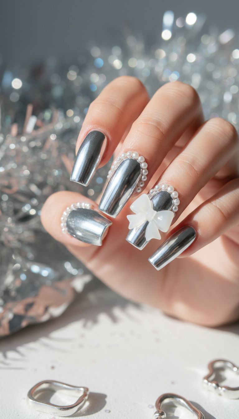 Icy silver chrome coffin nails with a white pearl garland and bow charm. Elegant holiday nail art on textured white background.
