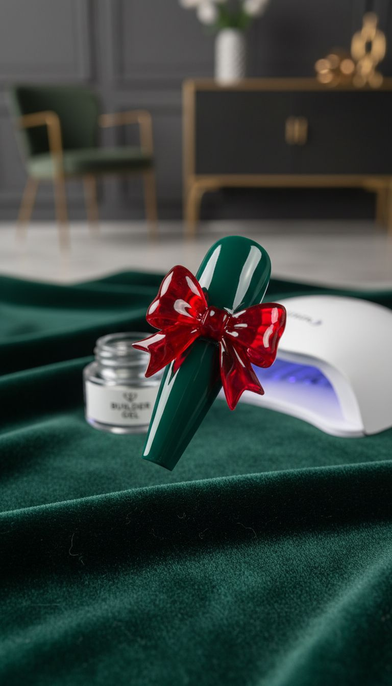 Intimate macro of a large 3D red resin bow charm firmly secured on a deep emerald green coffin nail, showcasing luxury.