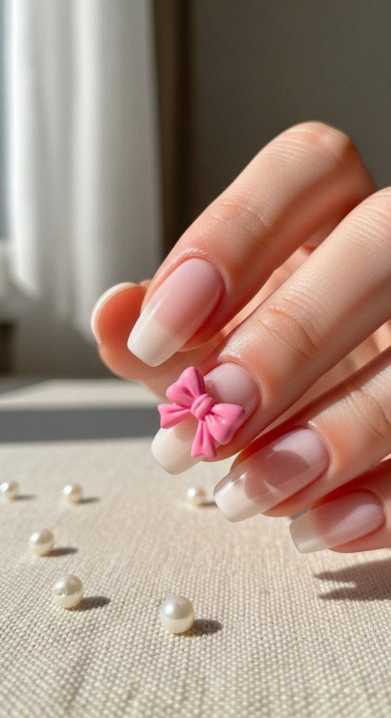 Intimate macro of a short almond nail with sheer pink polish, a velvet pink 3D bow charm, and scattered pearls on linen.
