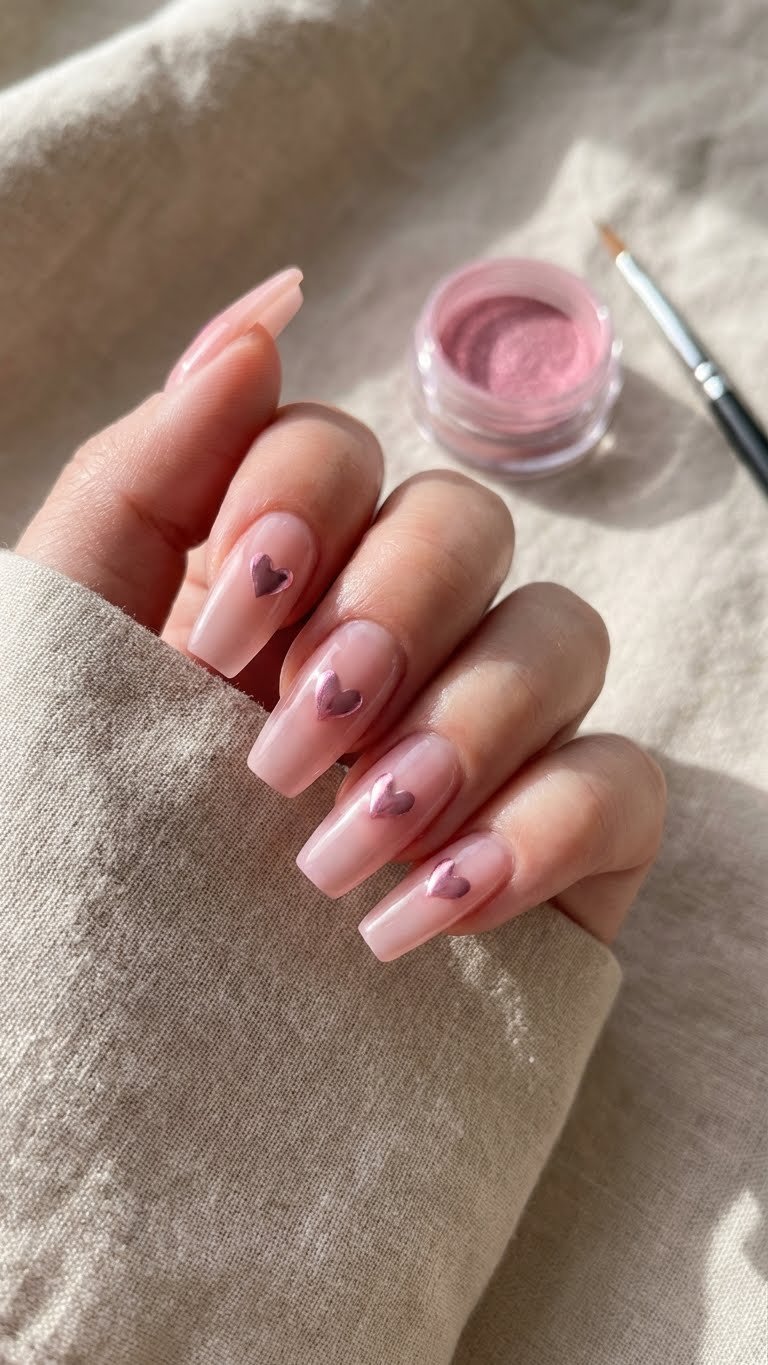 Intimate macro of glossy sheer pink chrome heart nails, cuticle detail, on a minimalist background; elegant, trendy manicure.