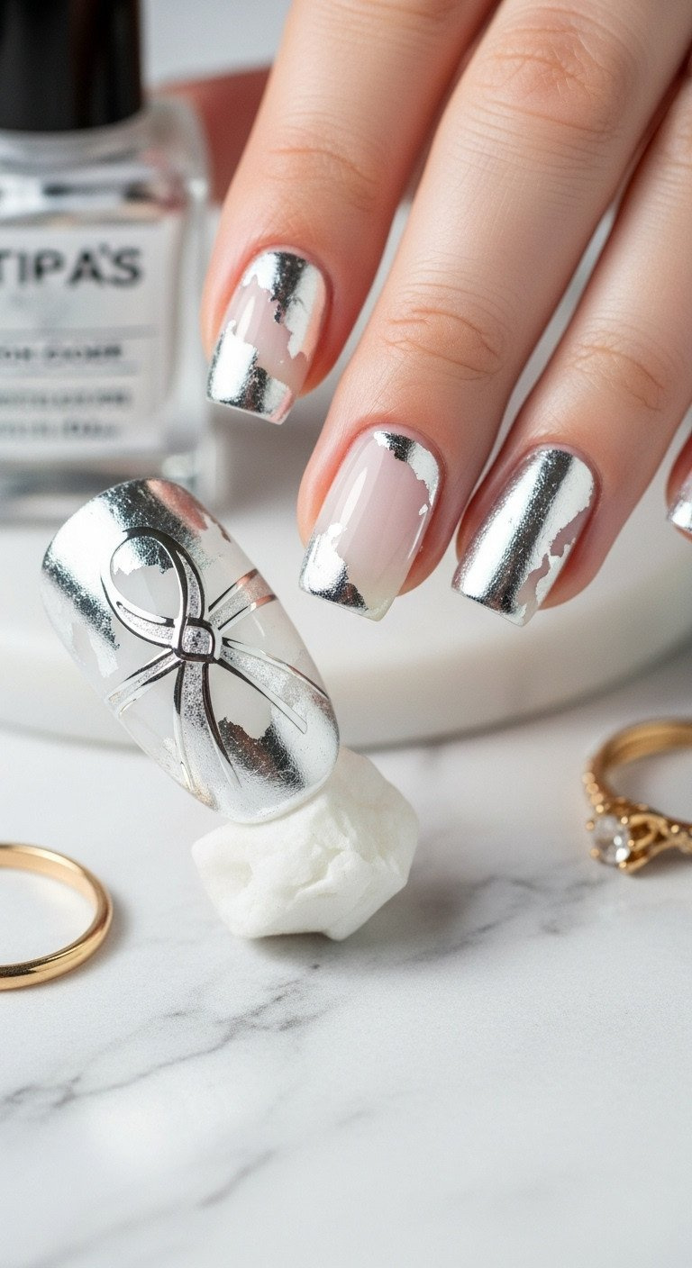 Intimate macro of milky white nail with metallic silver foil ribbon wrap design, high-gloss top coat, and delicate gold ring.