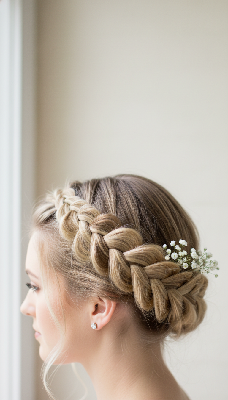 Intricate Dutch braid halo showcasing a polished reversed three-strand technique, accented with baby's breath and diamond stud earrings.