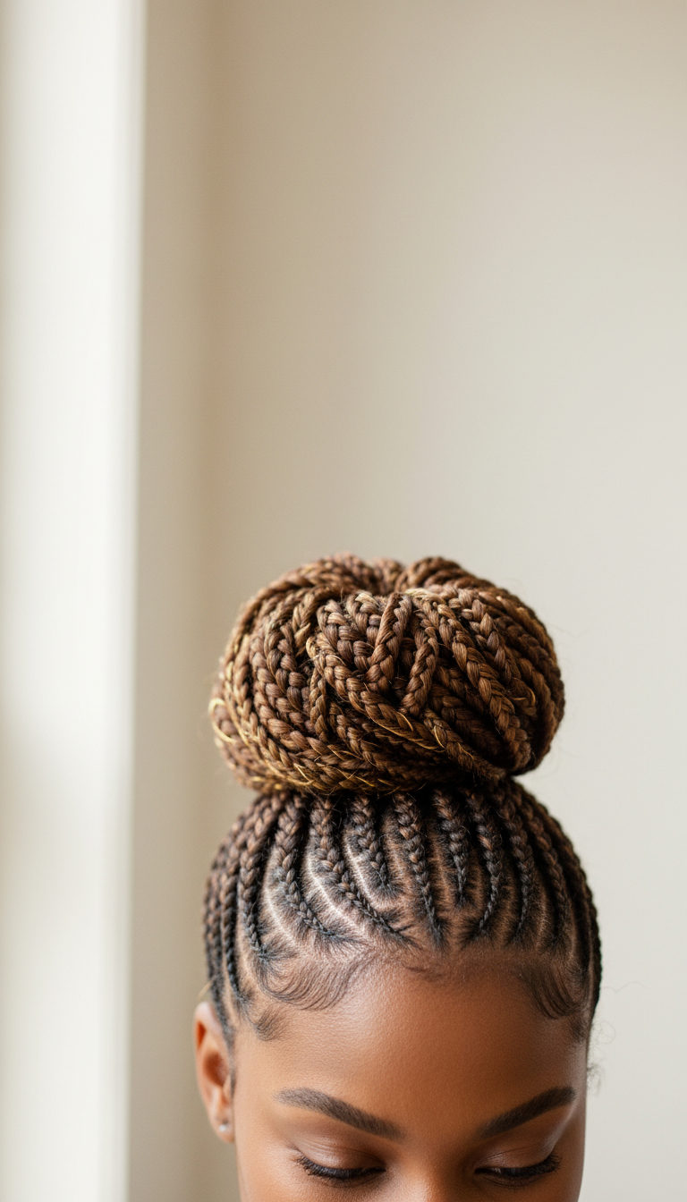 Intricate feed-in cornrows in a high bun, showcasing neat, smooth lines and minimal tension. Versatile style with subtle gold thread accents.