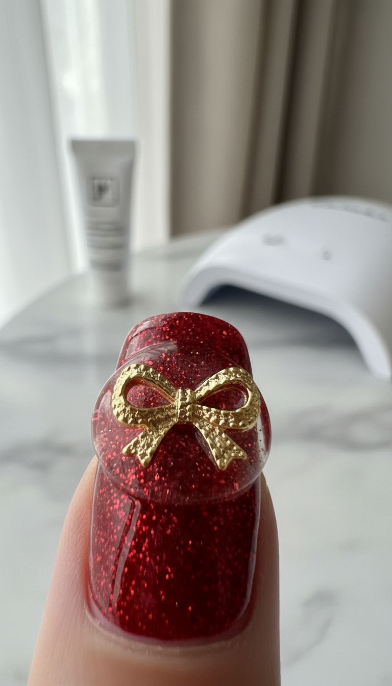 Intricate gold metal bow charm on red glitter nail, secured with clear structural gel; with gel tube and lamp. Festive nail art.