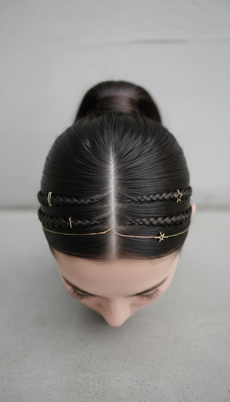 Intricate micro braids woven near temples, accented with gold thread, complementing a sleek ponytail on a gray textured background.