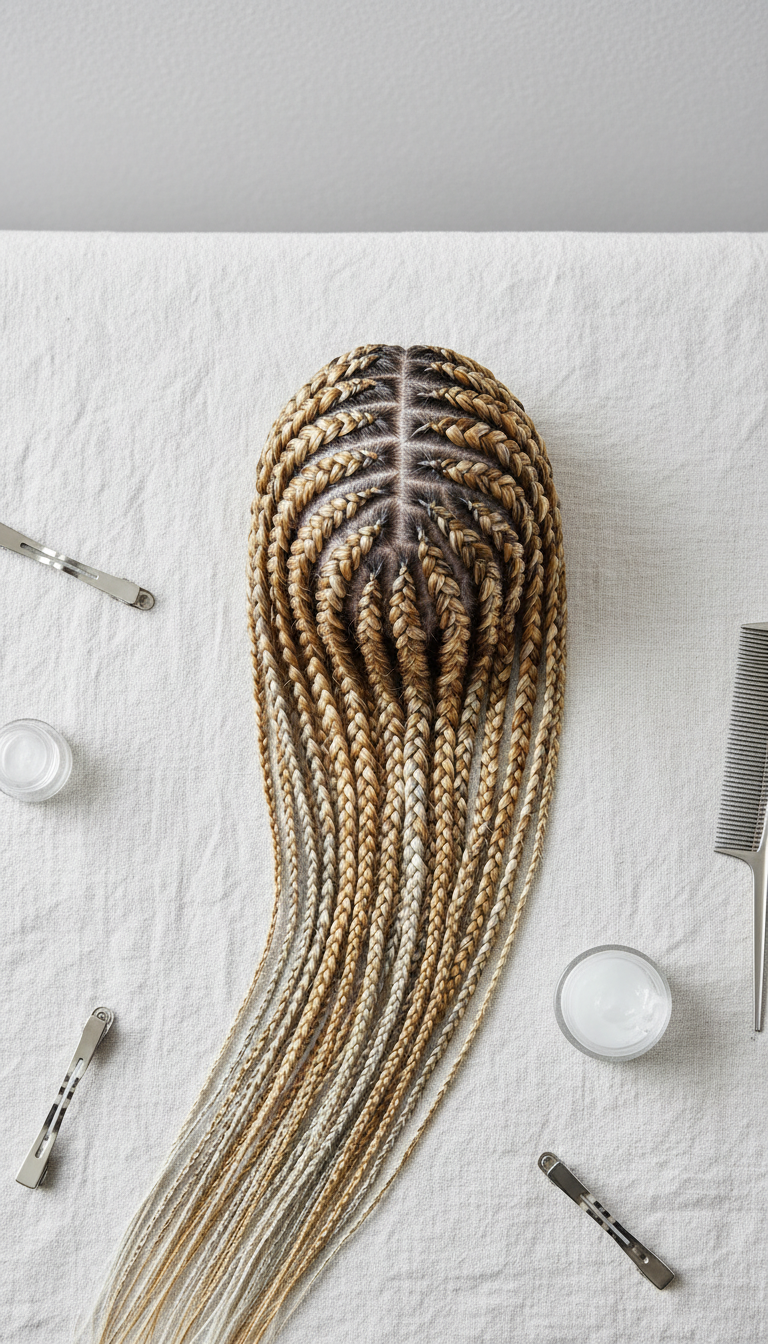 Intricate multi-tone blonde cornrow pattern with platinum, honey, ash shades, clean parts, styled on linen.