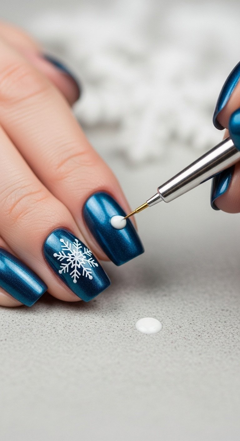 Intricate white snowflake nail art over deep midnight blue gel polish. Delicate winter manicure design.