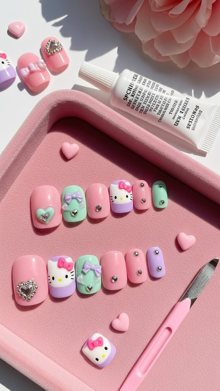Kawaii Hello Kitty Valentine press-on nails with hearts, bows, rhinestones, pastel pink, lavender, mint, on velvet tray.