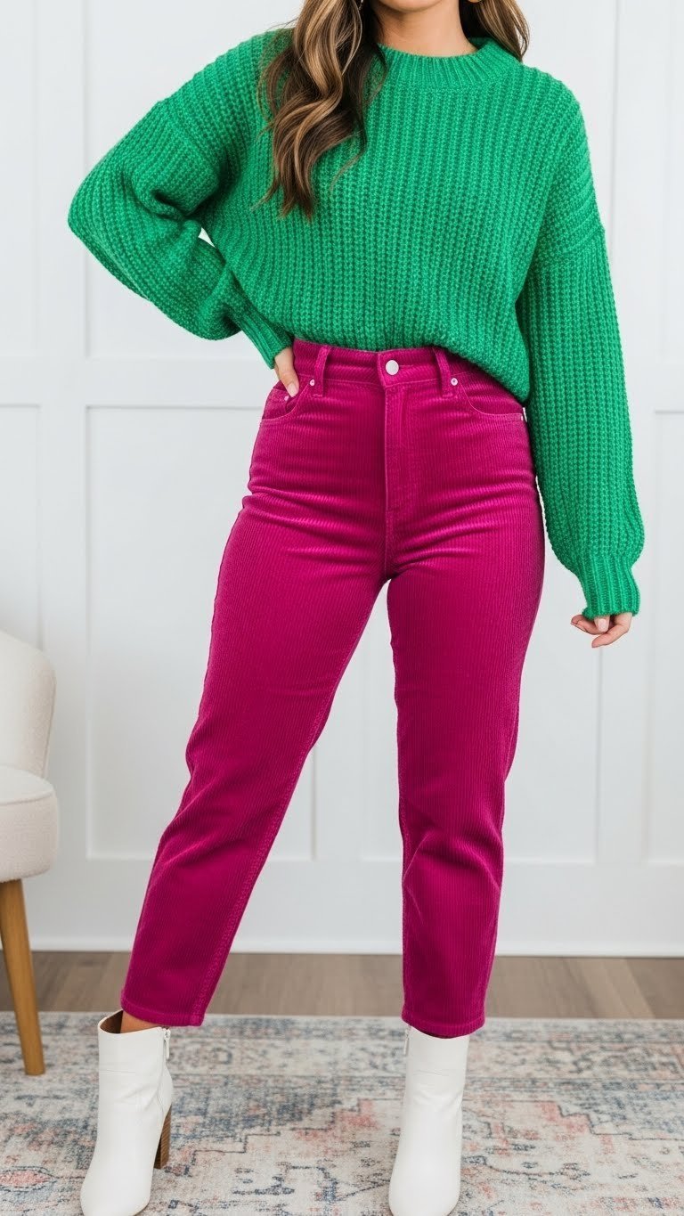 Kelly green chunky sweater with hot pink corduroy pants, gold hoop earrings, and white ankle boots; vibrant color blocking.