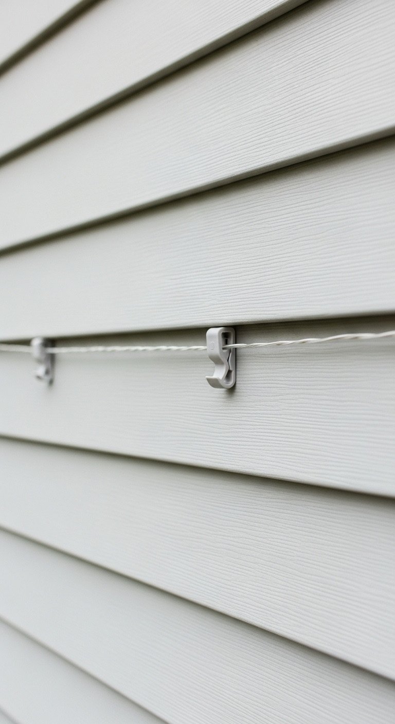 Light gray vinyl siding with specialized plastic vinyl siding clips discreetly securing a string of outdoor lights.