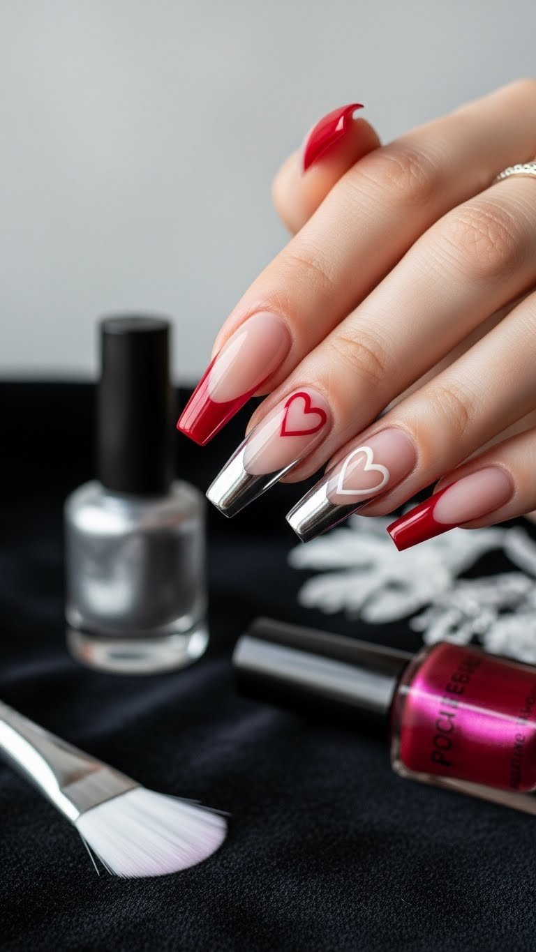 Long V-Tip French Coffin Nails with metallic silver tips and white reverse heart accents. Elegant Valentine's nail art on dark velvet.