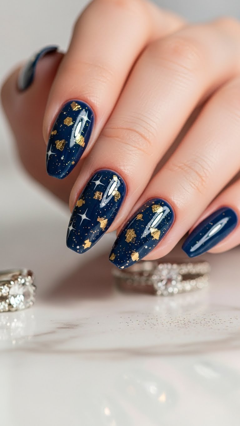 Long almond Valentine's nails: glossy navy blue with gold foil and white star galaxy art, elegant design on marble.