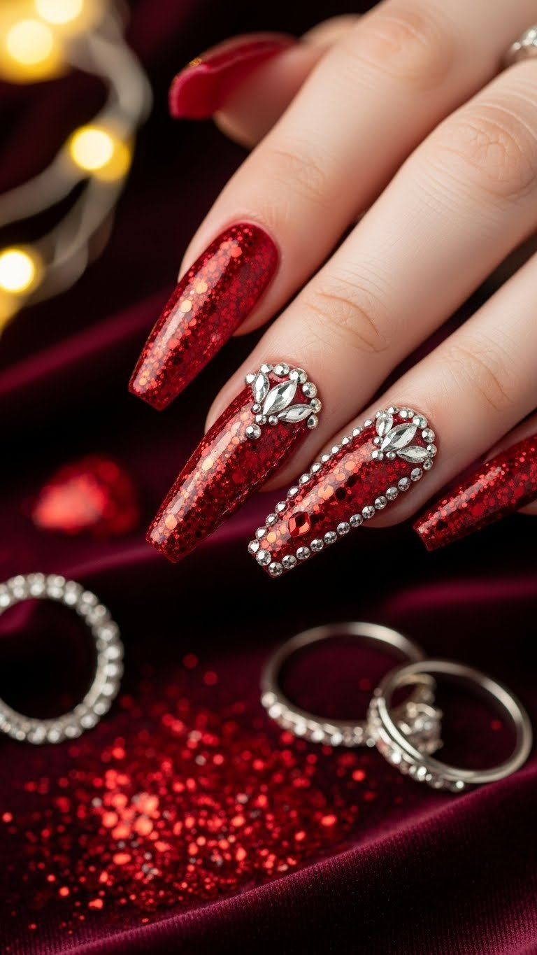 Long almond acrylic nails, deep vibrant red with chunky glitter and silver rhinestones, on dark velvet with rings.