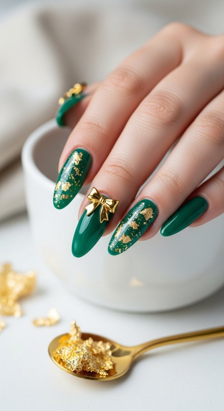 Long almond emerald green nails with encapsulated gold metallic flakes and a gold decal bow, elegant manicure design.