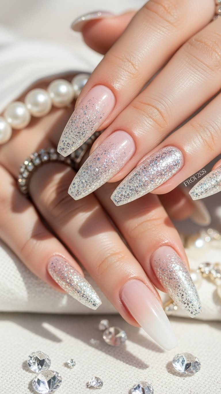 Long almond nails with a nude base and iridescent silver glitter fade. Elegant, sophisticated design on white linen with pearls.