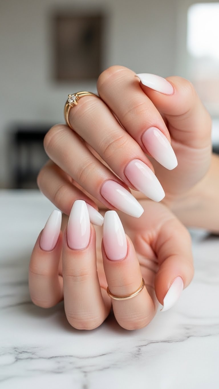 Long almond pink and white ombre nails with seamless gradient, a delicate gold ring, on a marble countertop. Elegant lifestyle manicure.