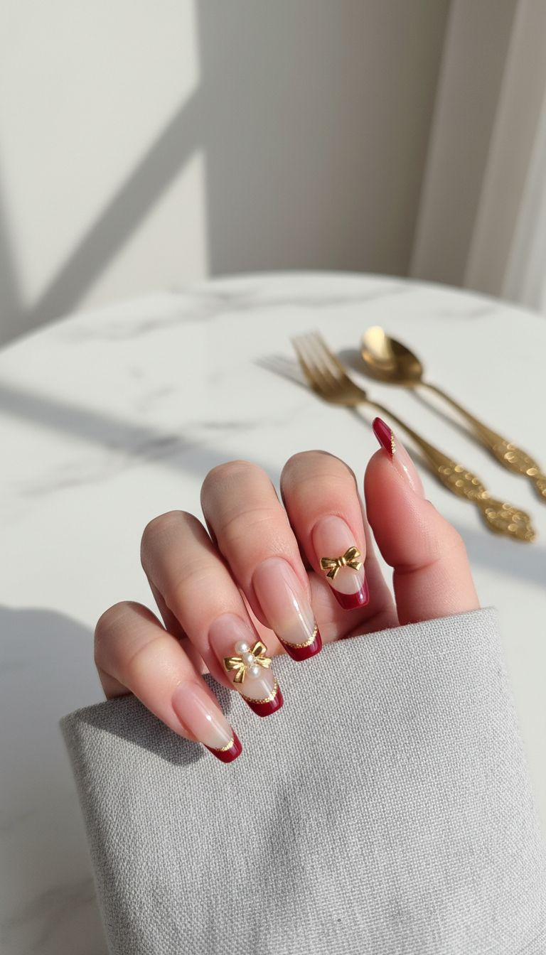 Long almond red French tip nails with a gold bow and pearls at the cuticle. Elegant holiday nail design on grey cloth with glitter.