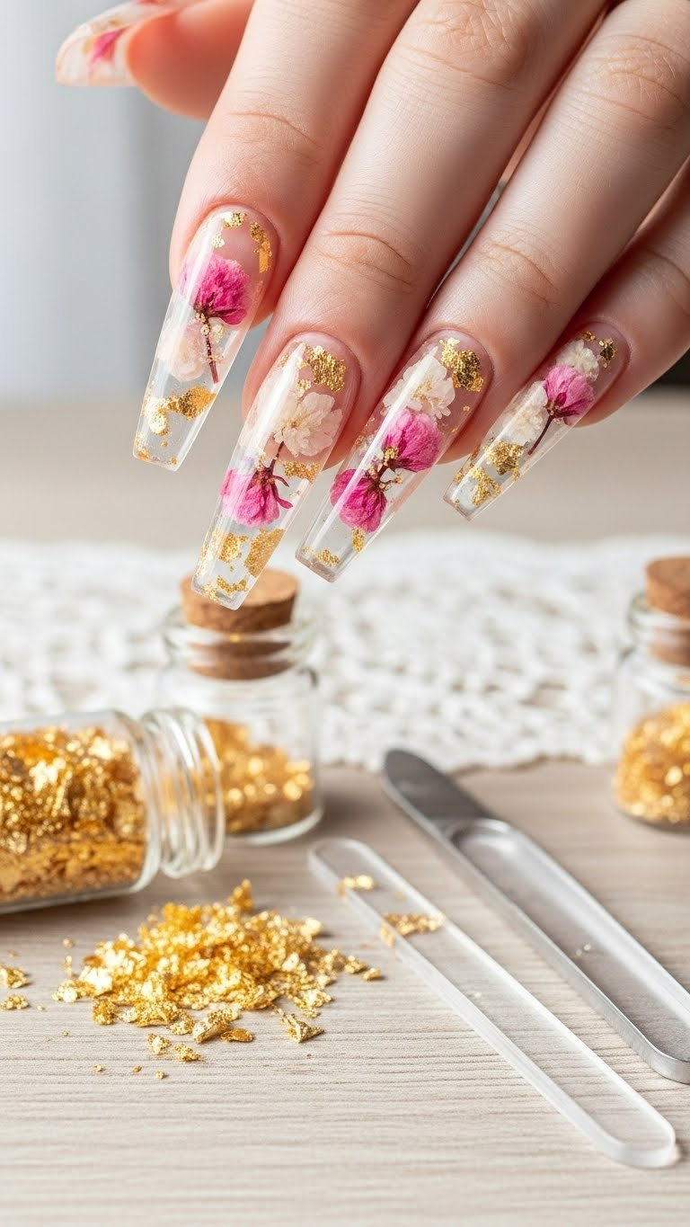 Long clear stiletto nails with encapsulated pink & white dried flowers and gold flakes, on wood.