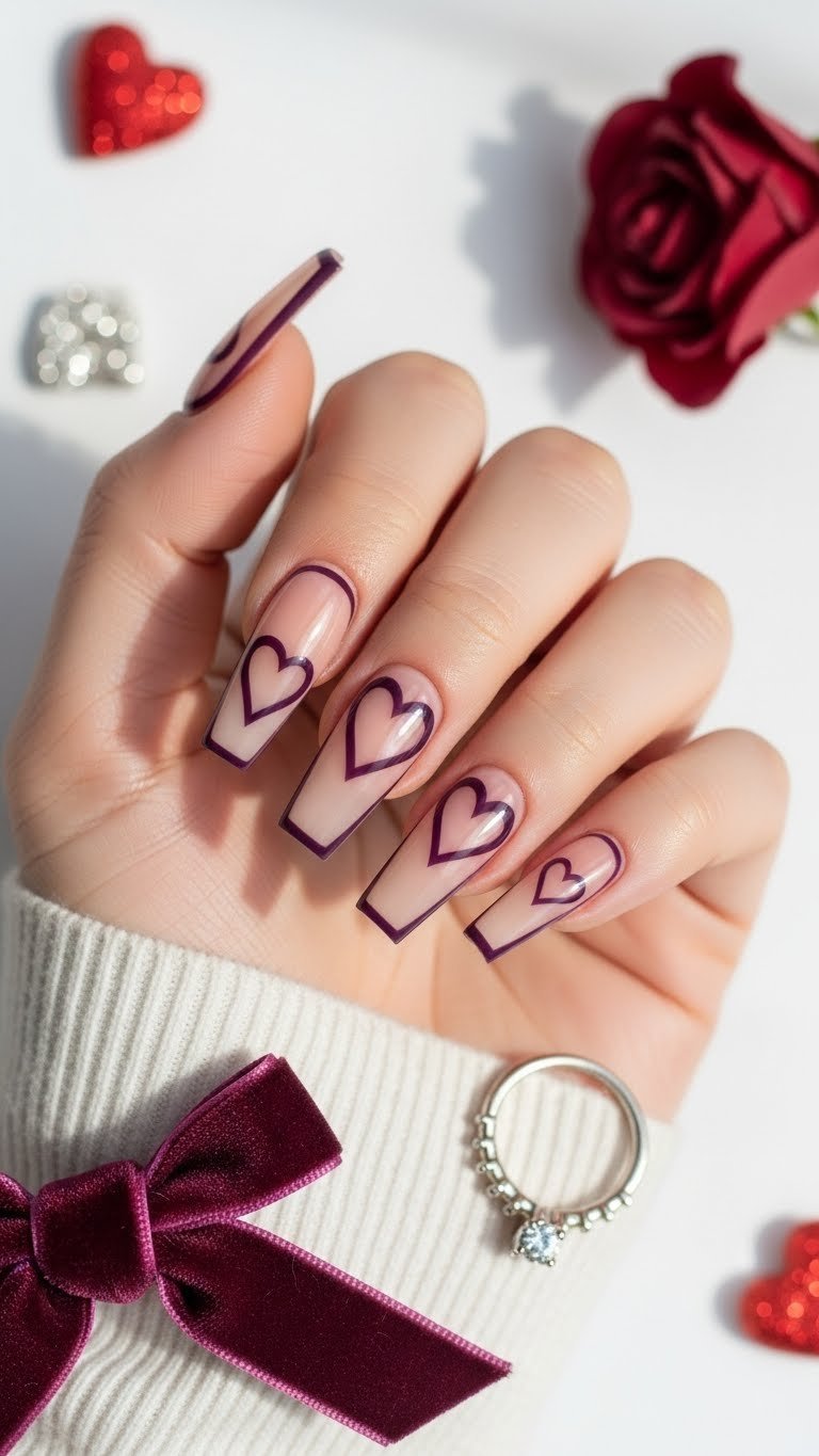 Long coffin Valentine nails: sheer nude base with sharp negative space eggplant purple heart cutouts, sophisticated.